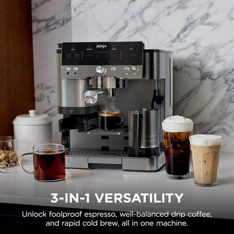 Luxe Café Premier 3 In 1 Espresso Machine With Built In Grinder Drip Coffee And Rapid Cold Brew Hands Free Milk Frother Assisted Tamper For Cappuccinos And Lattes Stainless Steel on kitchen countertop