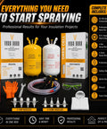 Pro Grade Open Cell Spray Foam Insulation Kit With Hose And Gun Included, components laid out for insulation projects.