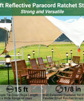 Outdoor event with 6 pack 15 Ft Ratchet Strap Set With Paracord Tie Downs, securing tarps over chairs, 1/8 Inch Diameter ropes.