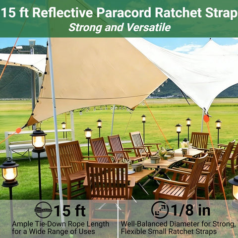 Outdoor event with 6 pack 15 Ft Ratchet Strap Set With Paracord Tie Downs, securing tarps over chairs, 1/8 Inch Diameter ropes.