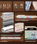 Dope Wireless Retro Typewriter Mechanical Keyboard With Screen And Smooth Rotary Knob Plus Premium Round Pbt Keycaps For Hot Swappable Switches And Custom Rgb Lighting Alongside A Comfy Wrist Rest For Epic Pc Mac Gaming Vibes And Daily Work showing layout and features including dynamic RGB and cushioned top-mount.