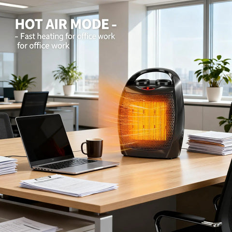 Portable Electric Space Heater That Is 2 In 1 Desk Heater And Fan, shown on office desk heating, with laptop and documents.