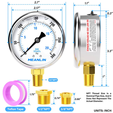 Stainless Steel Liquid Filled Pressure Gauge With 2.5 Inch Dial And Lower Mount For Rugged Lines, 0 To 300 Psi Range, NPT Hex Bushings