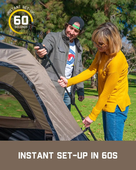 Couple setting up 4 Person Instant Cabin Tent That Pops Up in 60 Seconds with Rainfly and Windproof Design in a park