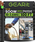 Close-up of 50 Ft SOOW Portable Power Cable 10/3 Gauge, 10 AWG 3-Conductor 600V for industrial outdoor use.
