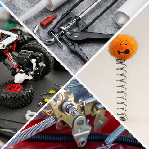 200 Piece Compression And Extension Springs Set 20 Different Sizes In Carbon Steel For All Your Home Fixes And DIY Projects Rust Resistant Durable Springs For Mechanisms Gadgets Latches And More, shown in use with tools and mechanisms.