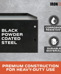 Universal Tool Box Side Shelf Tray, 16x12 Inch Folding Accessory, black powder coated steel close-up, corrosion resistant