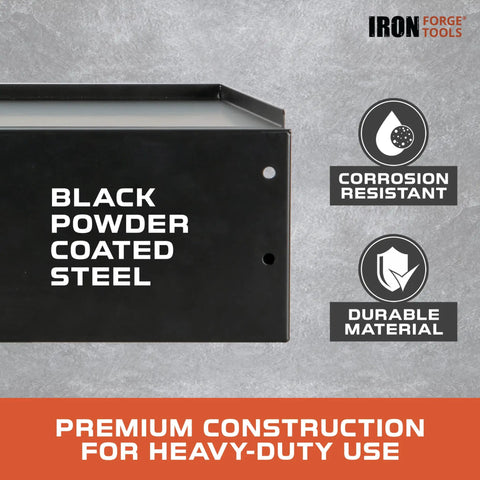 Universal Tool Box Side Shelf Tray, 16x12 Inch Folding Accessory, black powder coated steel close-up, corrosion resistant