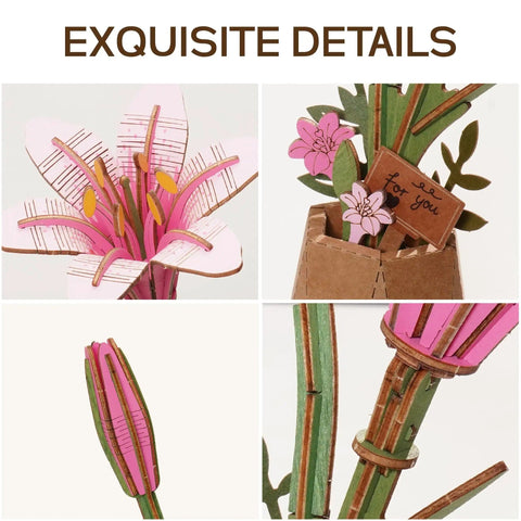 Close-up of 3D Wooden Lily Flower Puzzle DIY Kit For Home Decor And Relaxing Adult Crafts Artificial Wood Flower Gift For Valentine Day.