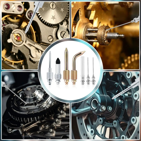Seven Piece Grease Gun Accessory Kit with Three Nozzles One Needle Dispenser Rubber Joint, showcasing precision lubrication in machinery.