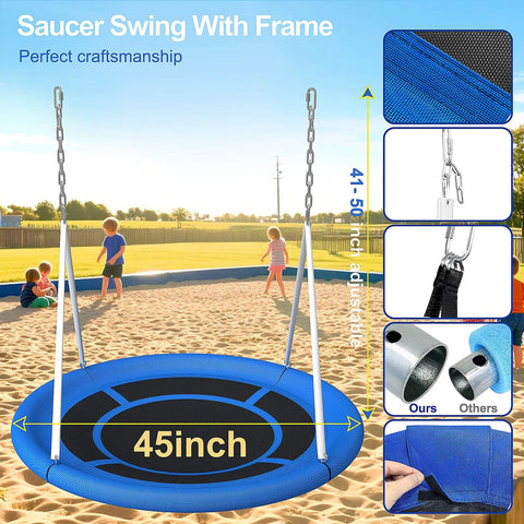 Heavy Duty Saucer Swing Set For Backyard 500lbs Capacity Outdoor Metal Frame Playground Equipment With 45 Inch Round Swing