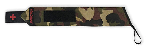 18 Inch Adjustable Weightlifting Wrist Wraps For Men And Women Pair in camouflage design, shown laid flat with loop and hook-and-loop closure.