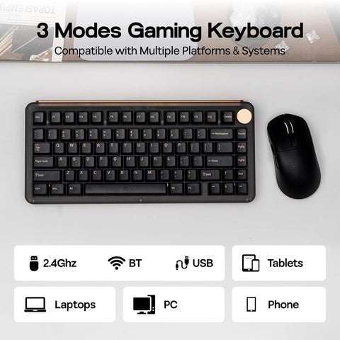 75 Percent Mechanical Keyboard With Top Shelf Frosted Acrylic Casing And Creamy Gasket Mount Smooth Wireless Gaming Board With Massive Battery Life RGB Shine Through Caps Hot Swappable Switches And Full NKRO Support In Matte Black, shown with a mouse.