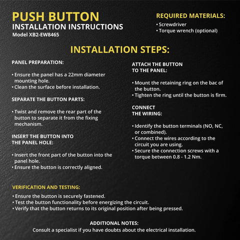 Installation instructions for Double Head Push Button With Signal Lamp On Off Start Stop Switch, model XB2-EW8465, including panel prep.