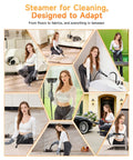 Heavy Duty Handheld Steam Cleaner Getting Every Stain Out With 3 Level Adjustable Handle And 18 Piece Accessory Kit For Zero Drama Deep Cleaning On Floors Matte Black in use on various surfaces.