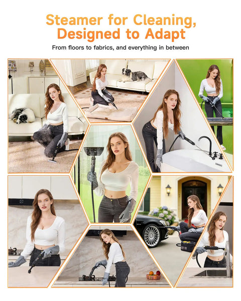 Heavy Duty Handheld Steam Cleaner Getting Every Stain Out With 3 Level Adjustable Handle And 18 Piece Accessory Kit For Zero Drama Deep Cleaning On Floors Matte Black in use on various surfaces.