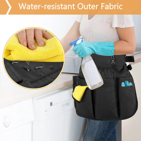 Pro Grade Cleaning Apron With 9 Pockets And Adjustable Waist Belt for house and hotel jobs, shown storing cleaning tools in use.