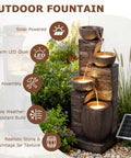 38.2 Inch Solar Powered Outdoor Water Fountain With Four Tier Cascading Bowls And Stacked Stones LED Lights Dual Charging