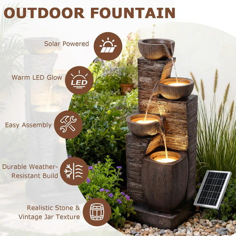 38.2 Inch Solar Powered Outdoor Water Fountain With Four Tier Cascading Bowls And Stacked Stones LED Lights Dual Charging