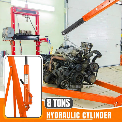 Heavy Duty Folding Hydraulic Engine Hoist Featuring Smooth Pump Operation And Knockout Lifting Capacity For Any Home Garage Shop Rig that lifts an engine.