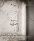 Purist Four Function Handshower With 1.75 GPM Flow Polished Chrome in a modern marble shower setup