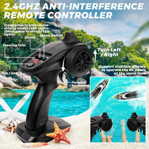 High Speed Remote Control Boat For Lakes And Pools With Portable Carry Case Fast RC Boat Reaching 32 Plus Kph Ideal Water Toy For Adults And Kids Ages 6 7 8 9 10 11 12 Perfect Summer Gift showing remote controller features with scenic background