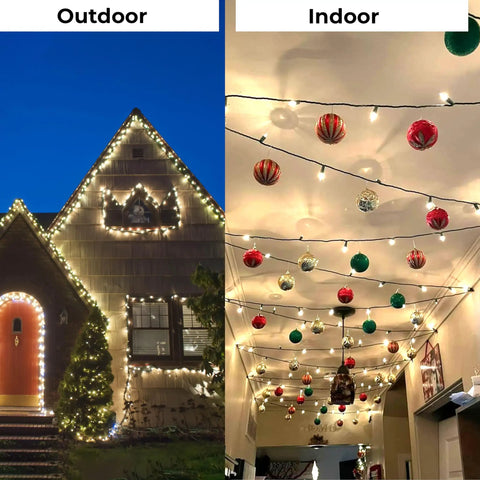 Cool White LED String Lights For Indoor Outdoor Decor 26.9 Ft Green Wire illuminating house exterior and indoor ceiling