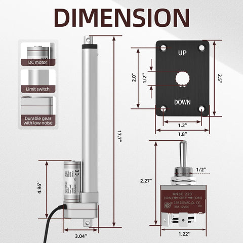 Dimensions of Beefy 12V Linear Actuator With 12 Inch Stroke 660Lb Capacity featuring switch, DC motor, limit switch, and gear details.