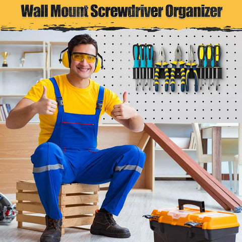 Two Pack 15.75 Inch Heavy Duty Wall Mount Screwdriver Organizer And Pliers Rack Metal Tool Holder installed on pegboard
