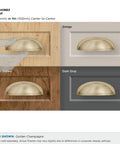 Golden Champagne Ashby Cabinet Cup Pull for 3 Inch and 4 Inch Spacing, displayed on maple, greige, medium brown, and dark gray finishes
