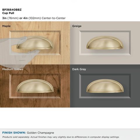 Golden Champagne Ashby Cabinet Cup Pull for 3 Inch and 4 Inch Spacing, displayed on maple, greige, medium brown, and dark gray finishes