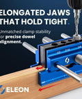 Self Centering Dowel Jig With Elongated Jaws And Extra Wide Clamp For Fast Accurate Woodworking The Setup Is A Breeze With This Durable Aluminum Alloy Drill Guide In A Bold Blue Finish Built For Lasting Craftsmanship And Easy DIY Projects