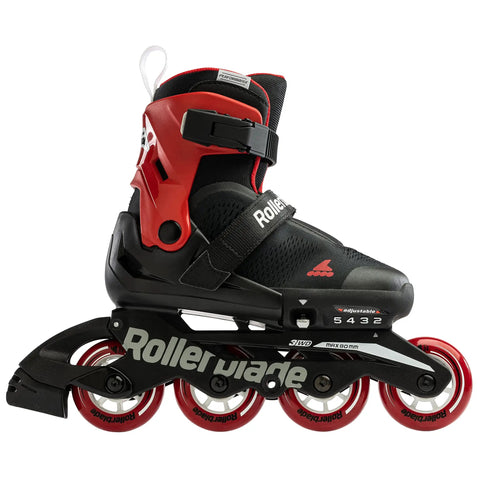 Microblade Free 3WD Kids Adjustable Inline Skates With Lace Free Closure And 4 Size Range In Black And Red, side view
