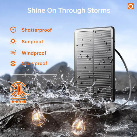 35Ft Solar String Lights Outdoor With Remote And USB Port IP54 Waterproof 11 LED Shatterproof Bulbs beside solar panel in rain
