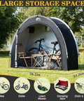 Outdoor Bike Storage Shed Tent for 2-8 Bikes with a bicycle and chairs inside, shown in garden setting, 67in height.