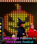 Lit Smart Curtain Lights 400 LED 6.6ft By 6.6ft Fairy String Lights With App Control displaying pumpkin design for Halloween festivity.