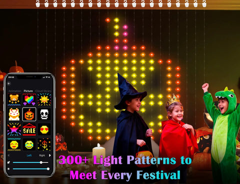 Lit Smart Curtain Lights 400 LED 6.6ft By 6.6ft Fairy String Lights With App Control displaying pumpkin design for Halloween festivity.
