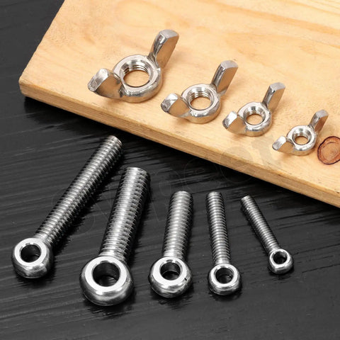 12Pcs M8 X 30mm 304 Stainless Steel Eye Bolts And Wing Nuts Kit on black and wooden background