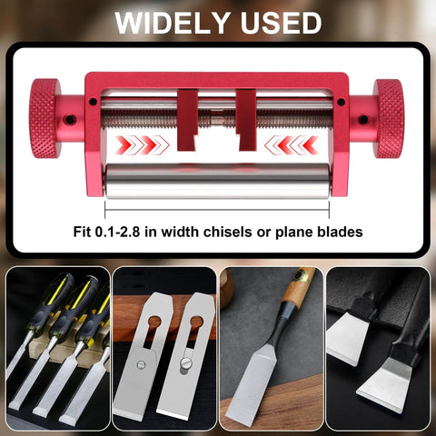 Pro Grade Chisel Sharpening Jig And Honing Guide For Woodworking Chisels And Planes 0.1 To 2.8 Inches Wide shown in use with chisels.
