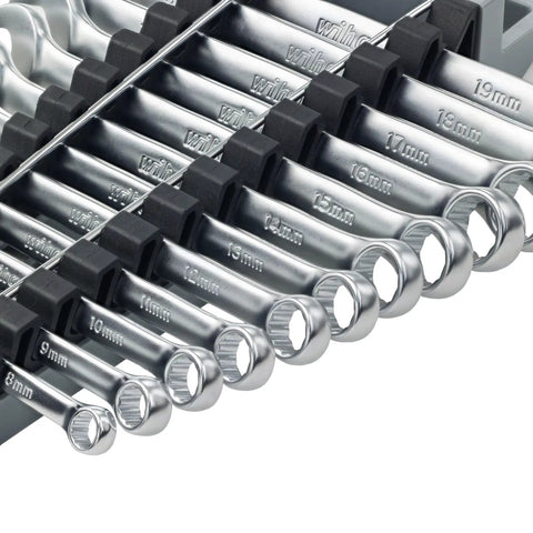 12 Piece Metric Wrench Set For Pro Mechanics, Built To Last Chrome Vanadium Build, Comfort Grip Handles, on display in case.