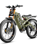 Rugged Badass Full Suspension Electric Bike For Adults With High Output Dual Motors And Massive 60V Battery side view on fat tires.