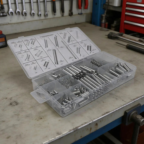 200 Piece Spring Assortment Kit With 20 Sizes Of Tension And Extension Springs In Labeled Storage Box For Auto Repair Tools Heavy Duty Maintenance Gear open box