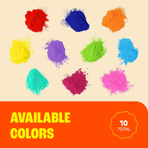 Colorful pigment powders in ten shades for celebrations, featuring a vibrant array for the Next Level Party Color Blasters.