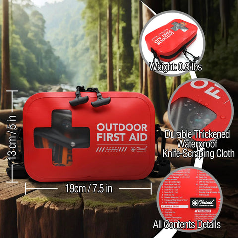 Red waterproof outdoor first aid kit bag, 19 cm by 13 cm, portable emergency medical kit for boating and camping