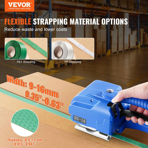 Top Shelf Portable Electric Strapping Machine For Smooth PP And PET Banding Operations With Dual Rechargeable Batteries And Clear Digital Screen For Zero Sweat Box And Pallet Packing Tasks with PET and PP strapping options shown.