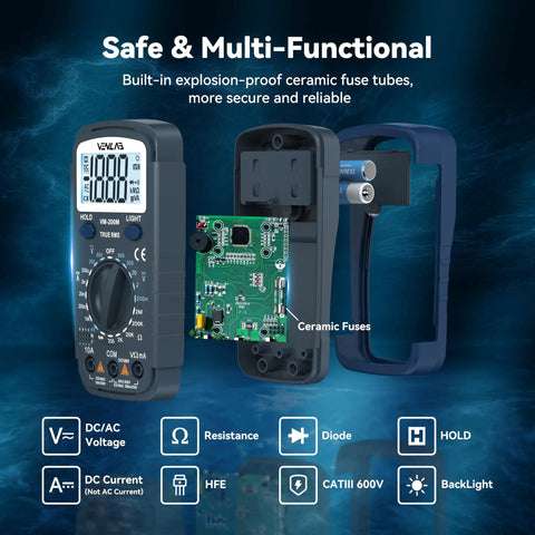 Pro Grade Digital Multimeter For Home And Workshop showing built-in ceramic fuse tubes and protective silicone case.