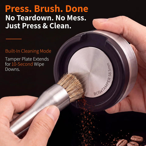 Top Shelf Automatic Espresso Tamper Designed To Hit Different On Every Shot With Dead Simple Adjustable Tamping Pressure And A Heavy Duty Aluminum Build For Zero Sweat Daily Coffee Routines, featuring built-in cleaning mode.
