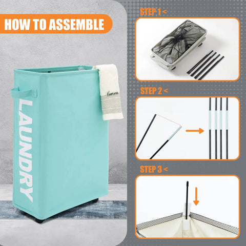 22 Inch Rolling Slim Laundry Basket With Stand On Wheels Foldable Waterproof Hamper Tall Narrow Laundry Organizer For Small Spaces Easy To Move In Narrow Corners Light Blue with assembly steps