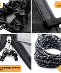 Close-up of the secure cord locks, durable double stitching, smooth dual-sided zipper, and 25 ft ridge line of the 12ft Lightweight Hammock Bug Net for Camping, Easy Setup, Ultra Breathable 360 Degree Coverage, Portable Netting That Fits All Hammocks, Keeps Bugs Out, Safe Sleep Anywhere, Total Relaxation on the Go.
