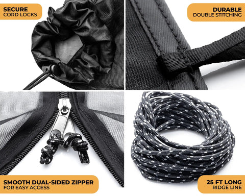 Close-up of the secure cord locks, durable double stitching, smooth dual-sided zipper, and 25 ft ridge line of the 12ft Lightweight Hammock Bug Net for Camping, Easy Setup, Ultra Breathable 360 Degree Coverage, Portable Netting That Fits All Hammocks, Keeps Bugs Out, Safe Sleep Anywhere, Total Relaxation on the Go.